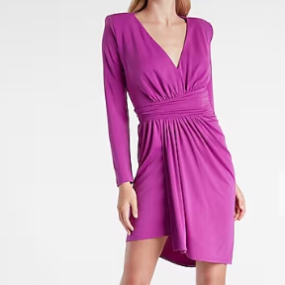 Express Draped V-Neck Strong Shoulder Mini Dress - Small - Picture 1 of 15